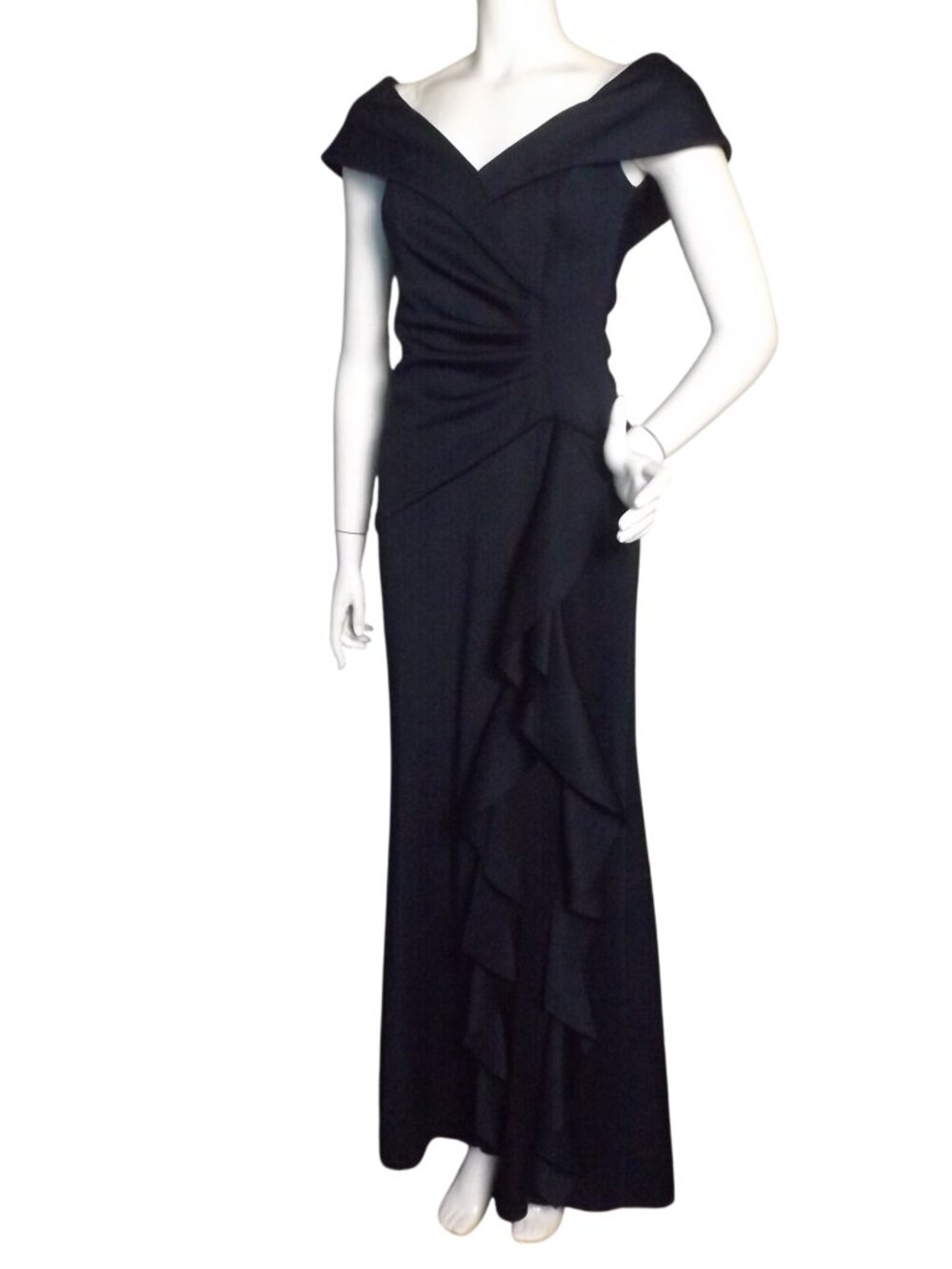 XSCAPE Gown/Dress, 8, Navy Blue,  Ruffle, V-neck, Gathered, Cap Sleeve, Zipper - Picture 5 of 13